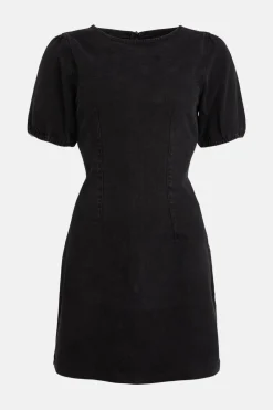 Sale Oasis Stretch Denim Puff Sleeve Shift Dress Yellow