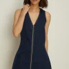 Outlet Oasis Stretch Denim Zip Through Shift Dress Mid Wash