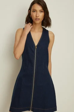 Outlet Oasis Stretch Denim Zip Through Shift Dress Mid Wash