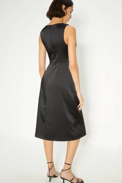 Outlet Oasis Stretch Satin Twist Detail Midi Dress Black