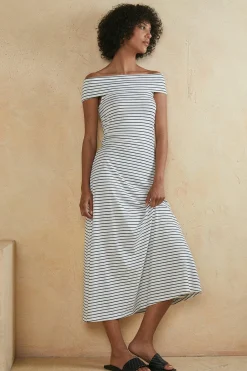 Best Oasis Stripe Bardot Midi Dress Red