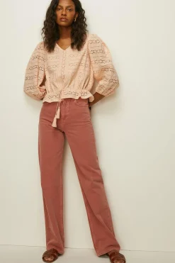 Outlet Oasis Stripe Broderie Tie Waisted Top Ecru