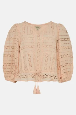 Outlet Oasis Stripe Broderie Tie Waisted Top Ecru