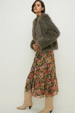Fashion Oasis Stripe Faux Fur Collarless Coat Grey