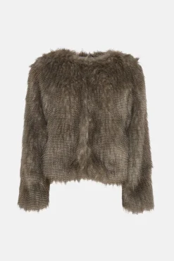 Fashion Oasis Stripe Faux Fur Collarless Coat Grey