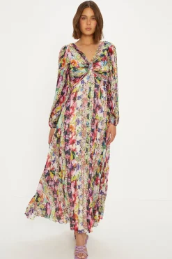 Outlet Oasis Stripe Floral Pleated Metallic Twist Midi Dress Multi