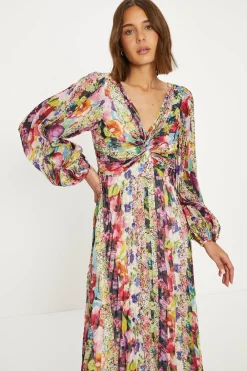 Outlet Oasis Stripe Floral Pleated Metallic Twist Midi Dress Multi