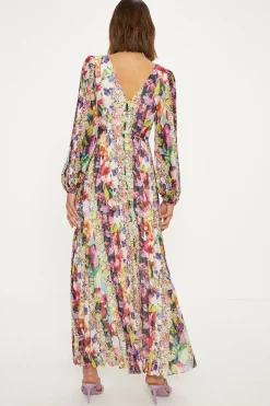 Outlet Oasis Stripe Floral Pleated Metallic Twist Midi Dress Multi