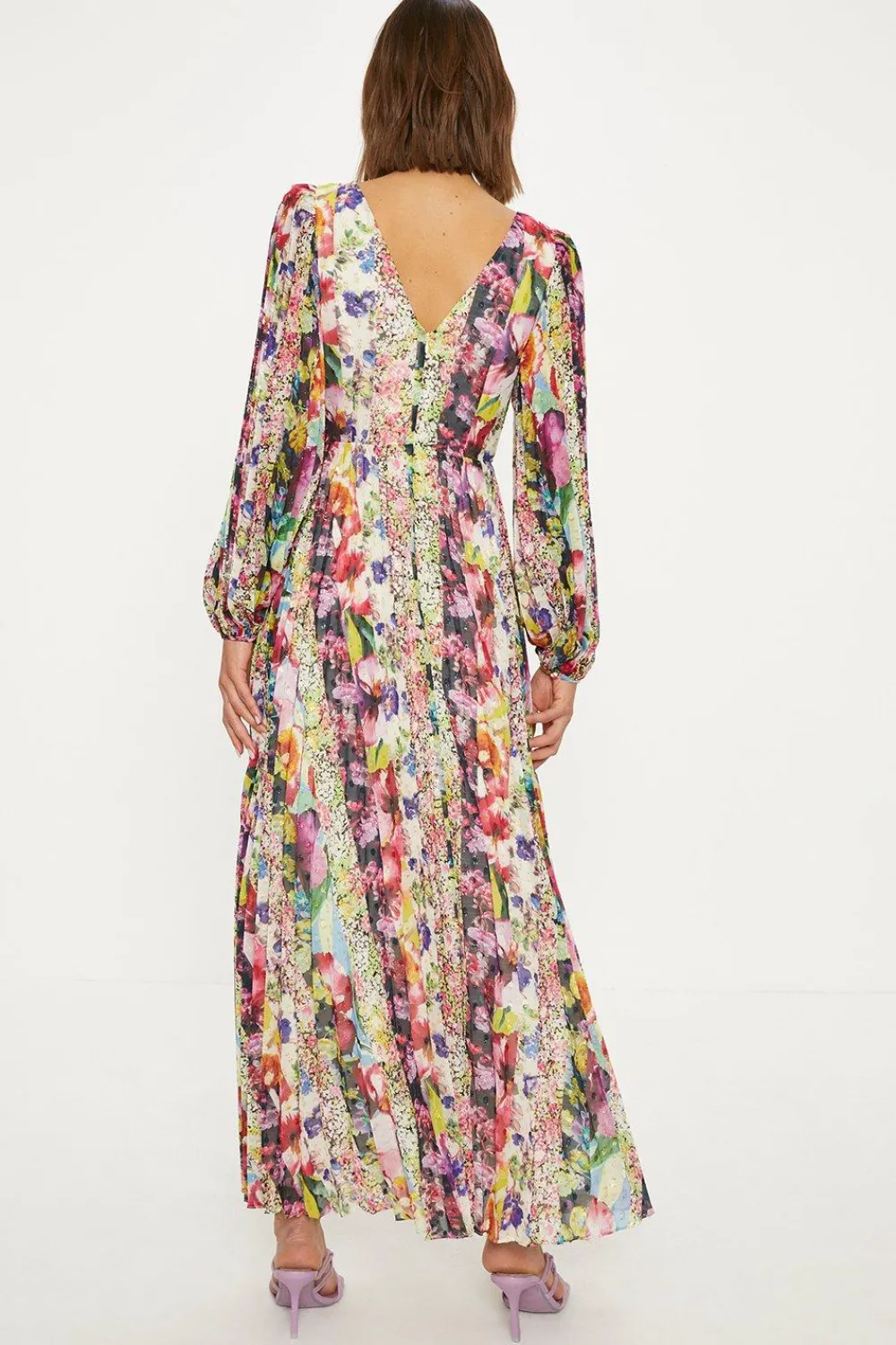 Outlet Oasis Stripe Floral Pleated Metallic Twist Midi Dress Multi