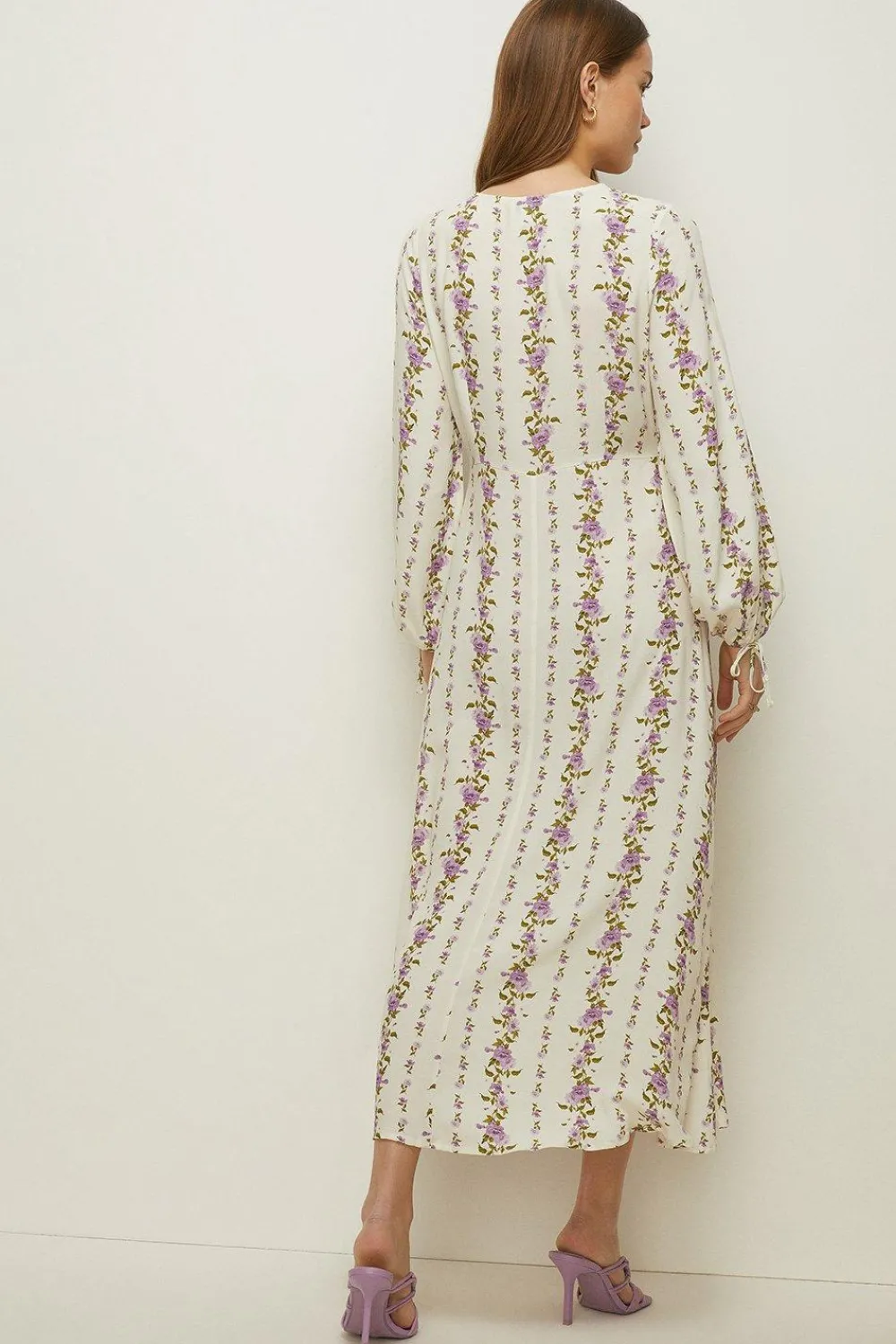 Outlet Oasis Stripe Floral Printed Keyhole Midi Dress Ivory
