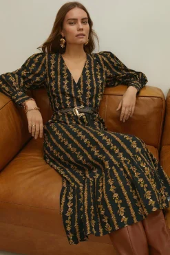 Hot Oasis Stripe Floral Wrap Midi Dress Black