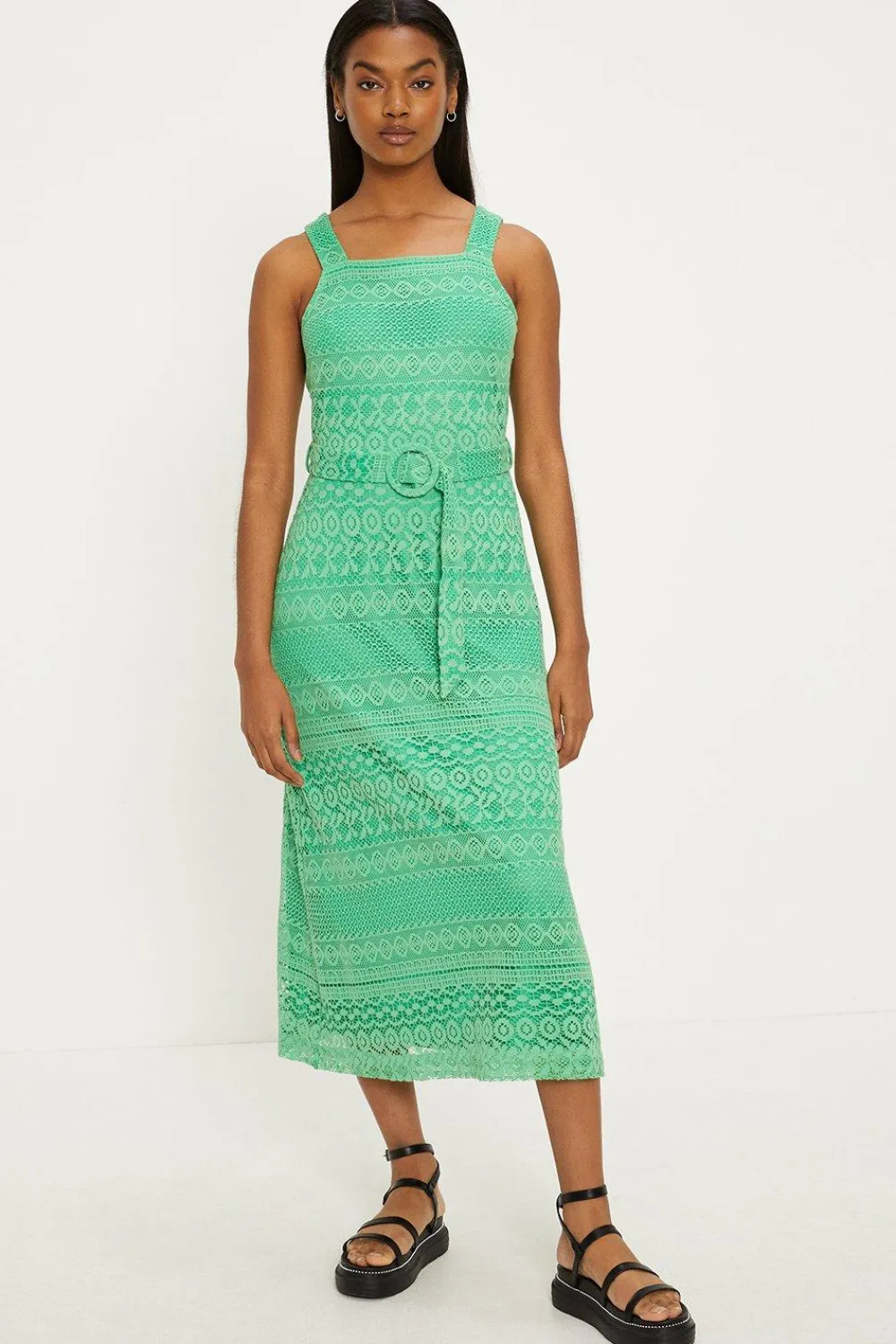 Discount Oasis Stripe Lace Wide Strap Belted Midi Dress Green