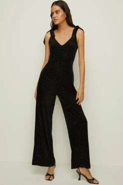 New Oasis Stud Velvet Hotfix Tie Shoulder V Neck Jumpsuit Black