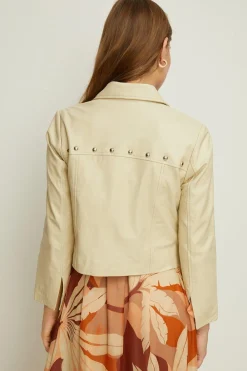 Sale Oasis Studded Leather Jacket Ivory