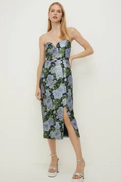 Discount Oasis Sweetheart Tailored Jacquard Midi Dress Blue