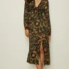 Hot Oasis Swirl Floral Print Tie Front Satin Midi Dress Black