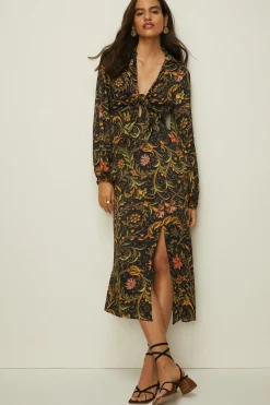 Hot Oasis Swirl Floral Print Tie Front Satin Midi Dress Black