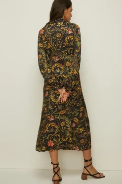 Hot Oasis Swirl Floral Print Tie Front Satin Midi Dress Black