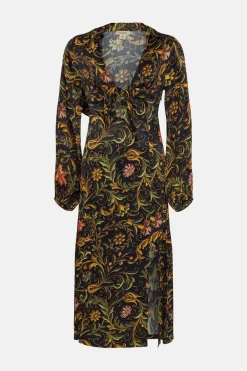 Hot Oasis Swirl Floral Print Tie Front Satin Midi Dress Black