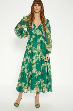Fashion Oasis Swirly Floral Metallic Button Maxi Dress Green