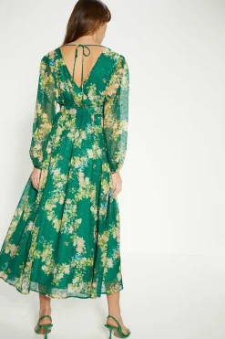 Fashion Oasis Swirly Floral Metallic Button Maxi Dress Green