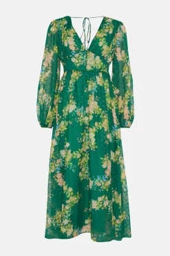 Fashion Oasis Swirly Floral Metallic Button Maxi Dress Green