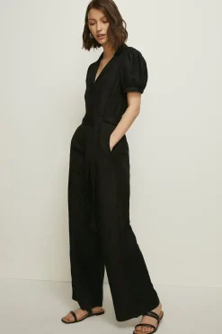 New Oasis Tailored Linen Mix Puff Sleeve Jumpsuit Orange