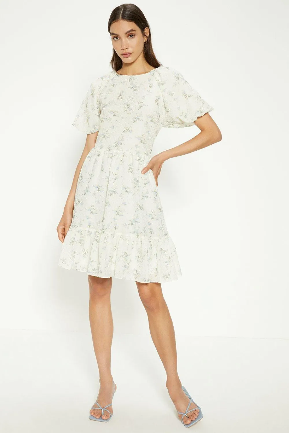 Clearance Oasis Textured Floral Bow Back Mini Dress Ivory