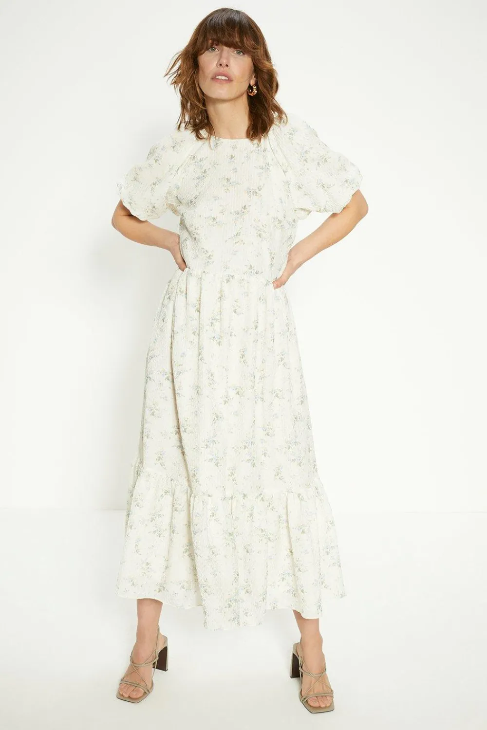 Outlet Oasis Textured Floral Bow Back Midi Dress Ivory