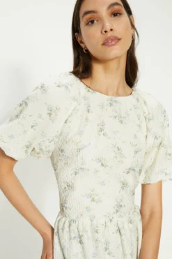 Clearance Oasis Textured Floral Bow Back Mini Dress Ivory