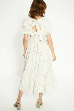 Outlet Oasis Textured Floral Bow Back Midi Dress Ivory