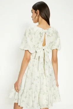Clearance Oasis Textured Floral Bow Back Mini Dress Ivory