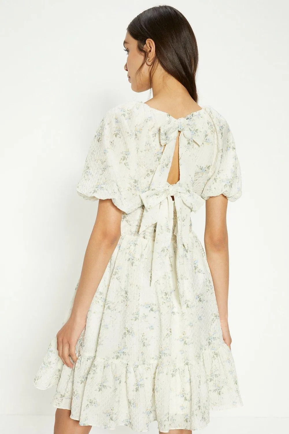 Clearance Oasis Textured Floral Bow Back Mini Dress Ivory