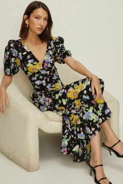 New Oasis Textured Floral Printed Tie Back Midi Dress Green