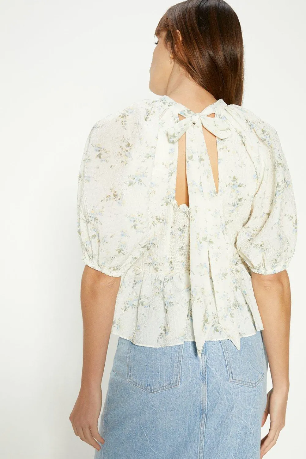 Discount Oasis Textured Floral Puff Sleeve Top Ivory