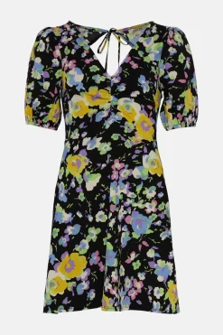 New Oasis Textured Floral Tie Back Mini Dress Black