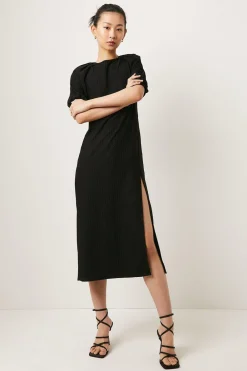 Hot Oasis Textured Puff Sleeve Midi Dress Black