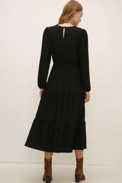 Best Oasis Textured Tiered Midi Dress Black