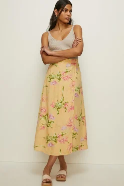 Outlet Oasis Tie Detail Floral Wrap Midi Skirt Amber