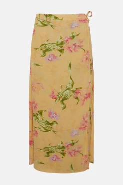 Outlet Oasis Tie Detail Floral Wrap Midi Skirt Amber