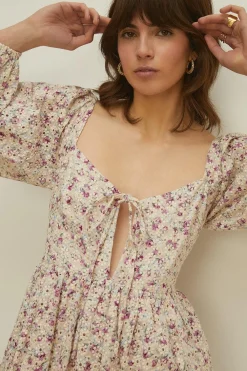 New Oasis Tie Front Ditsy Printed Broderie Skater Dress Floral