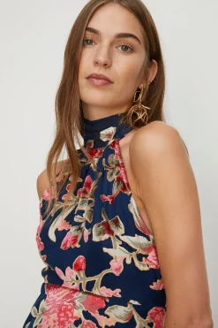 Discount Oasis Tie Halterneck Floral Devore Midi Dress Navy