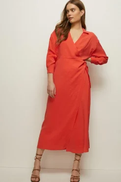 Clearance Oasis Tie Wrap Cupro Midi Dress Red