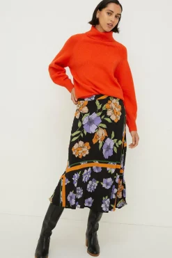 Sale Oasis Tiled Floral Split Front Midi Skirt Black