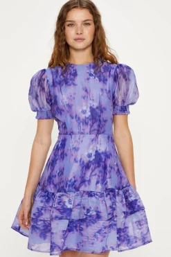 New Oasis Tonal Blurred Floral Organza Skater Dress Lilac