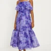 Outlet Oasis Tonal Blurred Floral Ruffle Organza Midi Dress Lilac