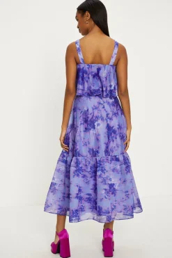 Outlet Oasis Tonal Blurred Floral Ruffle Organza Midi Dress Lilac