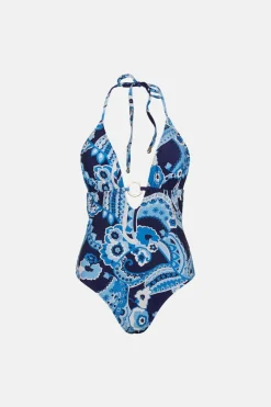 Discount Oasis Tonal Retro Floral Ring Halter Swimsuit Blue