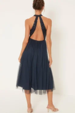 Clearance Oasis Tonal Sequin Halterneck Midi Dress Navy