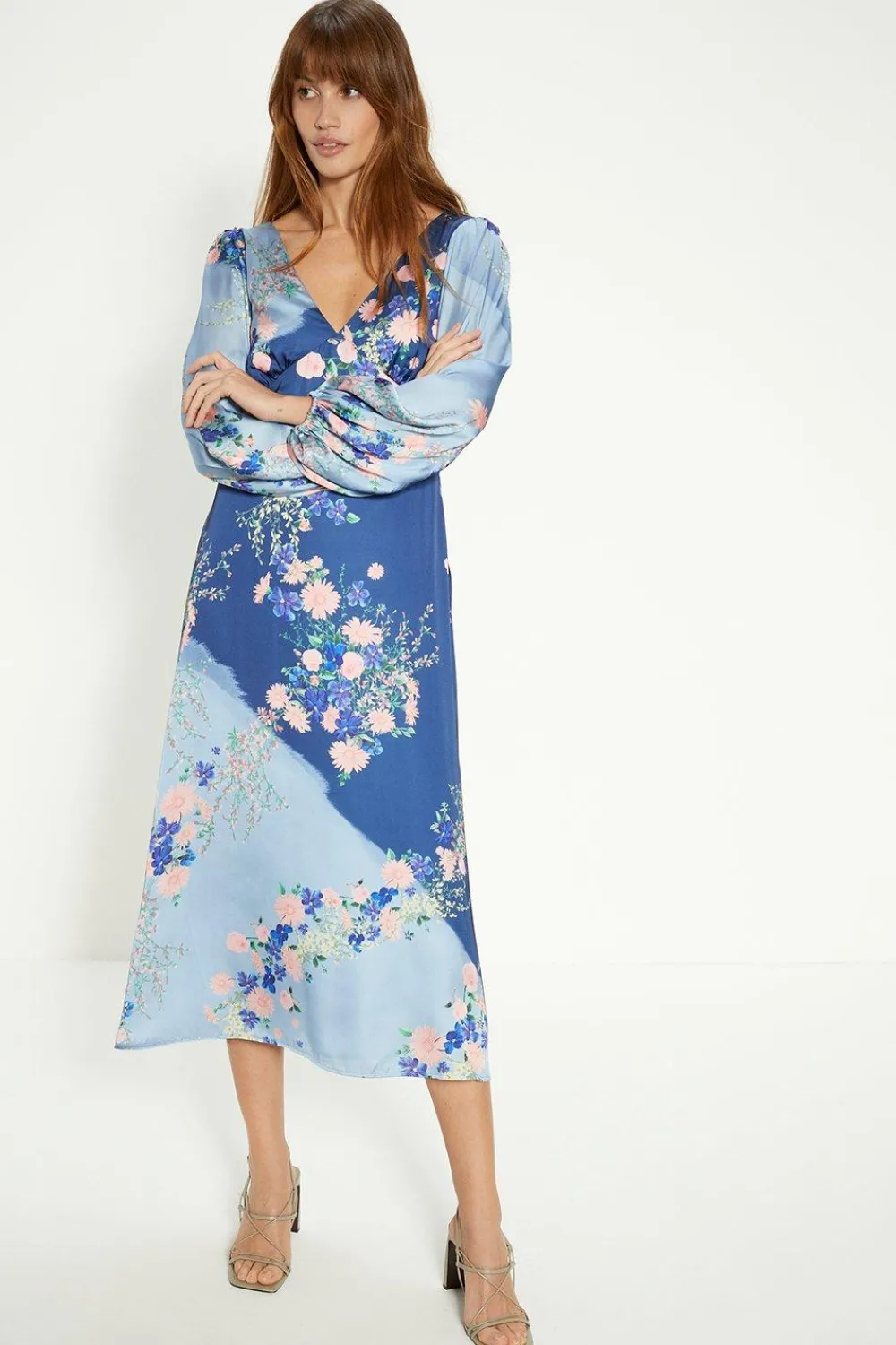 Fashion Oasis Trailing Floral Satin Back Detail Midi Dress Blue